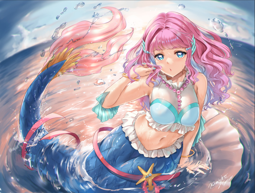 1girl arm_support bangs blue_eyes blue_sky bracelet breasts cloud commentary_request day eyebrows_visible_through_hair head_fins highres jewelry kamishiro_ryuu laura_(precure) long_hair looking_at_viewer medium_breasts mermaid midriff monster_girl navel ocean partially_submerged pink_hair precure sky sleeveless solo tropical-rouge!_precure water wet
