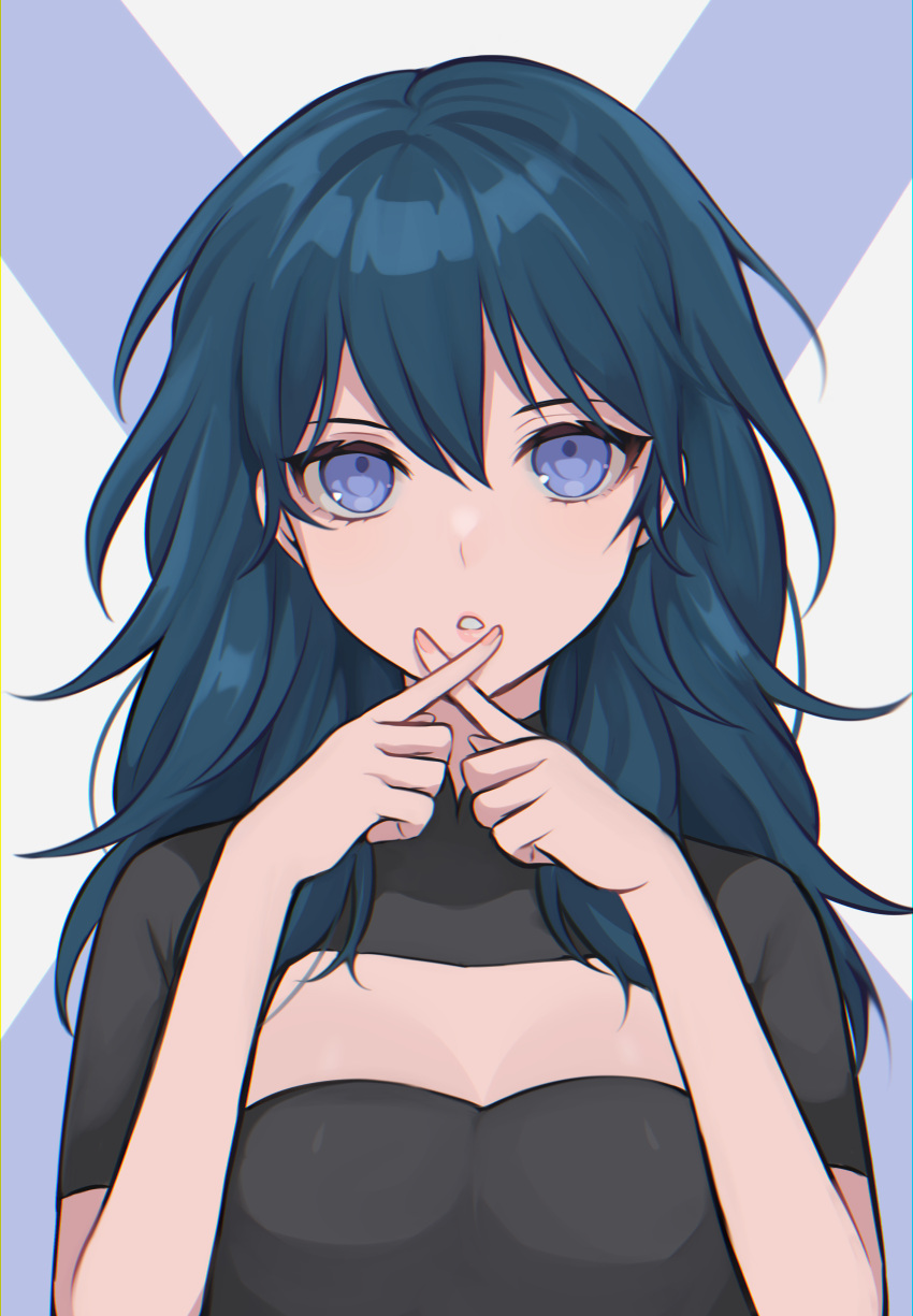 1girl absurdres bangs banned_artist black_shirt blue_eyes blue_hair breasts byleth_(fire_emblem) byleth_(fire_emblem)_(female) cleavage cleavage_cutout clothing_cutout commentary commentary_request fire_emblem fire_emblem:_three_houses grey_background hair_between_eyes hands_up highres long_hair looking_at_viewer parted_lips shimizu_akina shirt solo upper_body