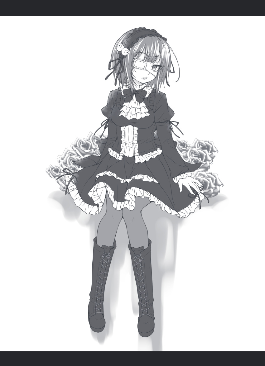 1girl absurdres black_dress black_footwear black_hairband boots cross-laced_footwear dress eyeball_hair_ornament eyebrows_visible_through_hair eyepatch flower frilled_dress frills gothic_lolita greyscale hairband highres invisible_chair knee_boots knees_together_feet_apart kyuutou_(kyuutouryuu) lace-up_boots lolita_fashion long_sleeves looking_at_viewer monochrome necktie original rose shadow short_hair sitting solo white_background