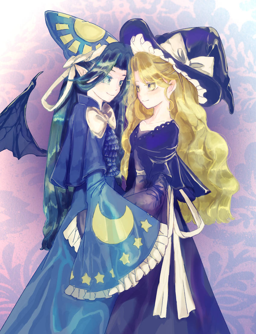 2girls absurdres bat_wings blonde_hair blue_dress bow dress earrings frilled_dress frills green_eyes green_hair hand_on_another's_hip hat hat_bow highres jewelry kirisame_marisa long_hair looking_at_another mima_(touhou) monet multiple_girls pointy_ears touhou touhou_(pc-98) wings witch_hat wizard_hat yuri