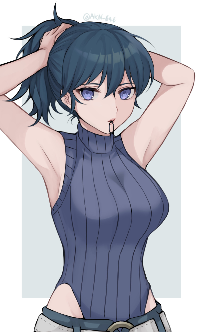 1girl absurdres alternate_hairstyle armpits arms_up artist_name bangs banned_artist bare_arms bare_shoulders blue_eyes blue_hair breasts byleth_(fire_emblem) byleth_(fire_emblem)_(female) commentary commentary_request fire_emblem fire_emblem:_three_houses hair_between_eyes highres large_breasts ponytail shimizu_akina sleeveless solo turtleneck twitter_username upper_body