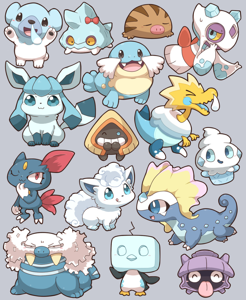 &gt;_&lt; 2027_(submarine2027) :3 :d :q ;3 ^_^ alolan_form alolan_vulpix arctozolt arms_up aurorus bergmite black_eyes blue_eyes blush bow closed_eyes closed_mouth colored_sclera commentary_request cubchoo eiscue eiscue_(ice) fangs froslass full_body gen_1_pokemon gen_2_pokemon gen_3_pokemon gen_4_pokemon gen_5_pokemon gen_6_pokemon gen_7_pokemon gen_8_pokemon glaceon grey_background grin hand_up highres looking_at_viewer no_humans one_eye_closed open_mouth pokemon pokemon_(creature) red_bow red_eyes sealeo shellder smile sneasel snorunt snot standing sweat swinub teeth tongue tongue_out vanillite walrein xd yellow_sclera