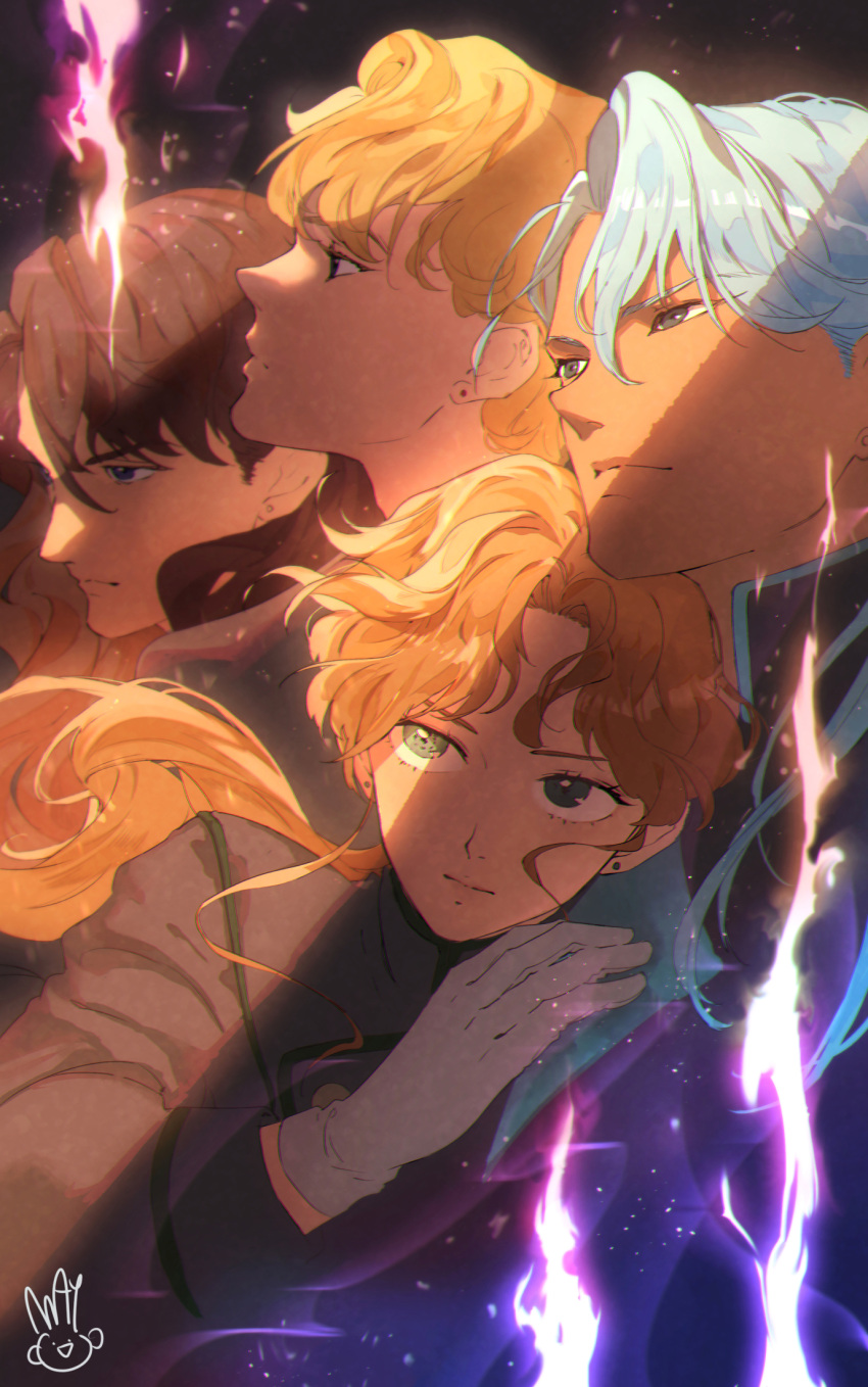 4boys androgynous bangs bishoujo_senshi_sailor_moon black_eyes blonde_hair brown_hair closed_mouth earrings gloves green_eyes highres jadeite_(sailor_moon) jewelry kunzite_(sailor_moon) looking_away low_ponytail mayo_(becky2006) multiple_boys nephrite_(sailor_moon) parted_bangs profile signature stud_earrings sunlight uniform upper_body white_gloves white_hair zoisite_(sailor_moon)