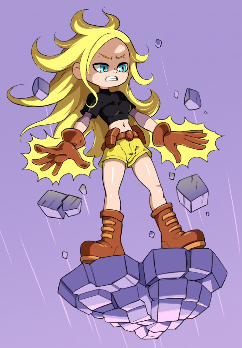 1girl aqua_eyes belt black_shirt blonde_hair boots brown_footwear brown_gloves gloves highres long_hair midriff navel parted_lips rock shadow shirt short_sleeves shorts solo teen_titans teen_titans_go! terra_(dc) very_long_hair yellow_shorts yuta_agc