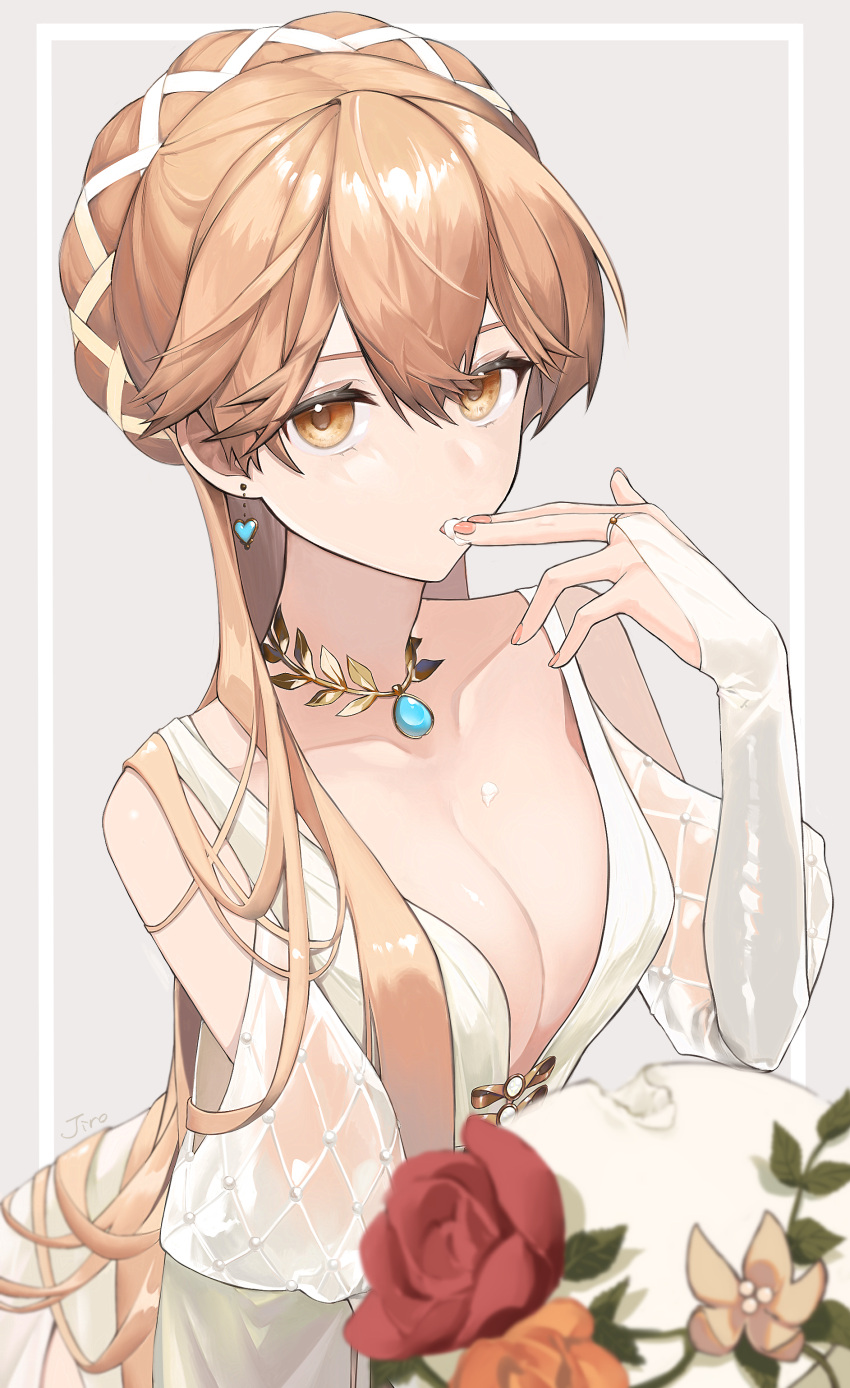 1girl absurdres bangs bare_shoulders blonde_hair breasts bridal_gauntlets cake cleavage commission dress earrings finger_licking finger_to_mouth flower food food_on_breasts food_on_finger girls'_frontline hair_between_eyes highres icing iitenkidesune jewelry licking long_hair looking_at_viewer low-cut medium_breasts necklace official_alternate_costume ots-14_(girls'_frontline) skeb_commission solo upper_body wedding_dress yellow_eyes
