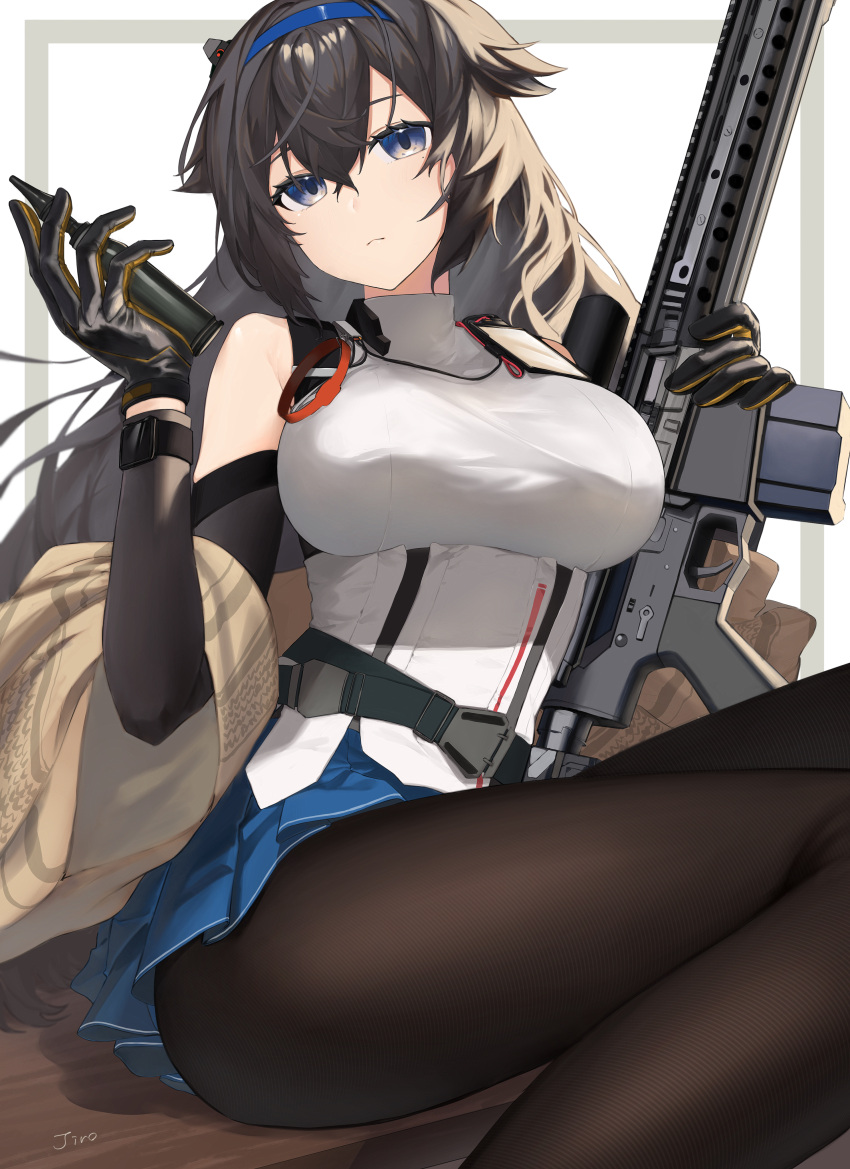 1girl absurdres bangs blue_eyes breasts commission expressionless girls'_frontline gloves gun hair_flaps head_tilt highres holding holding_gun holding_weapon iitenkidesune large_breasts long_hair mod3_(girls'_frontline) pantyhose rifle shoulders skeb_commission sniper_rifle solo super_sass super_sass_(girls'_frontline) thick_thighs thighs very_long_hair weapon