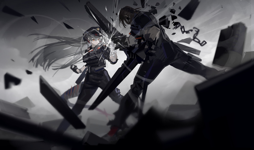 1boy 1girl action arknights artist_request battle black_gloves black_hair black_headwear black_pants chain clash closed_mouth debris dragon_girl dragon_horns dragon_tail dust_cloud earpiece frown full_body game_cg gloves grey_background hat horns jesselton_williams_(arknights) legs_apart long_hair military_hat official_art orange_eyes pants plate_carrier police police_uniform rubble saria_(arknights) saria_(the_law)_(arknights) short_sleeves silver_hair standing tail uniform