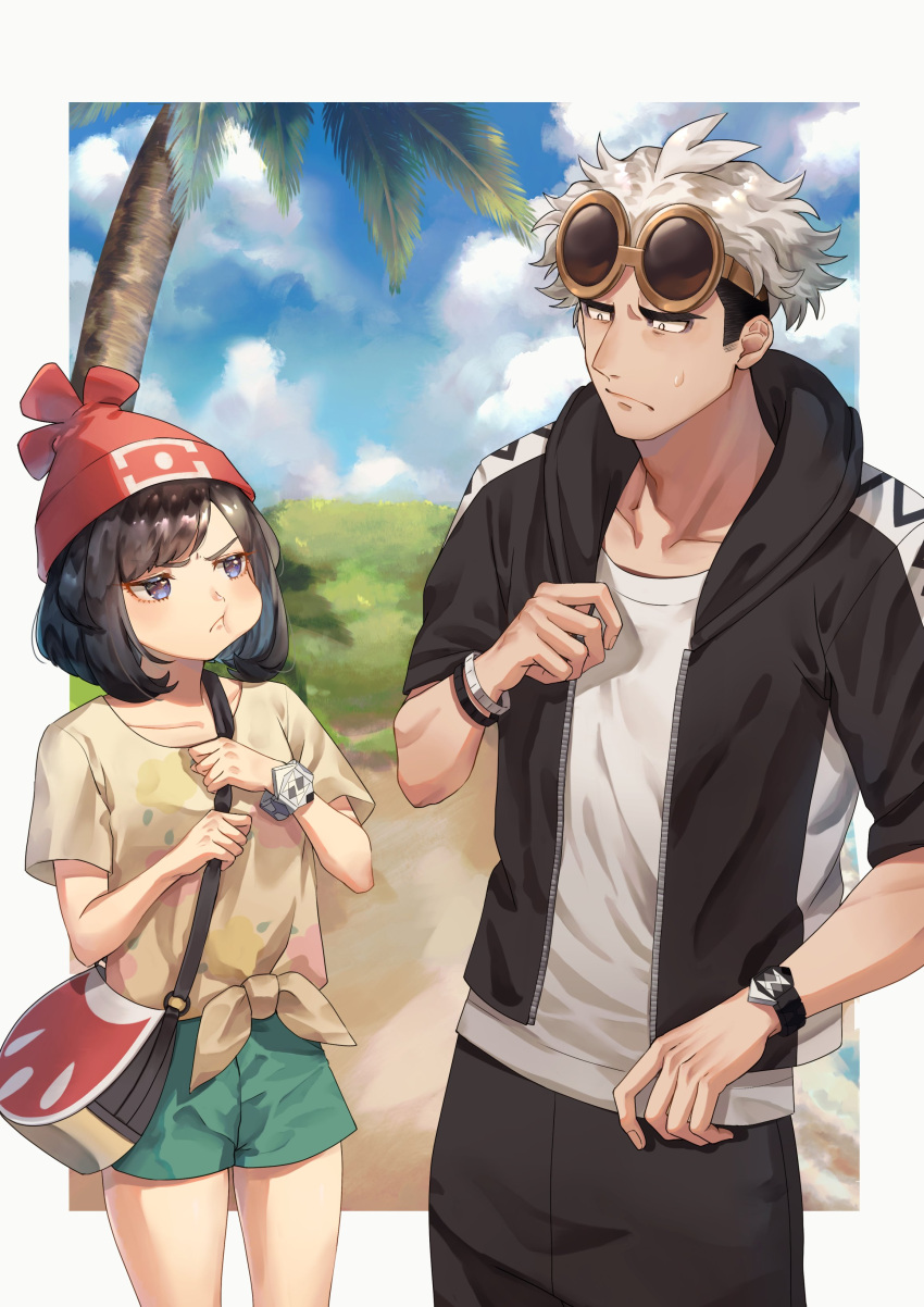 1boy 1girl absurdres bag beanie between_breasts black_hair border bracelet breasts brown_hair closed_mouth cloud collarbone commentary_request day eye_contact eyewear_on_head floral_print green_shorts grey_eyes guzma_(pokemon) hand_up hat highres holding_strap hood hooded_jacket jacket jewelry looking_at_another medium_hair multicolored_hair open_clothes open_jacket outdoors outside_border palm_tree pants pokemon pokemon_(game) pokemon_sm pout red_headwear selene_(pokemon) shiny shiny_hair shirt short_sleeves shorts shoulder_bag sky strap_between_breasts sunglasses sweatdrop t-shirt team_skull tree two-tone_hair undercut white_border white_hair white_shirt yellow-framed_eyewear yellow_shirt yoshiyoshiwa