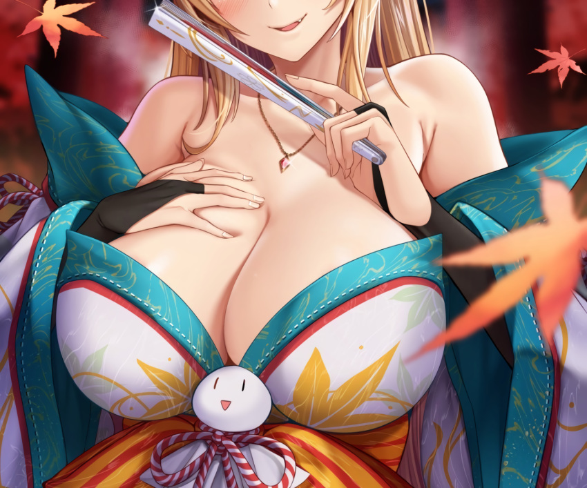 autumn blush breast_hold breasts cleavage cropped elbow_gloves fan fang gloves japanese_clothes kimono leaves necklace no_bra oni-noboru original torii waifu2x