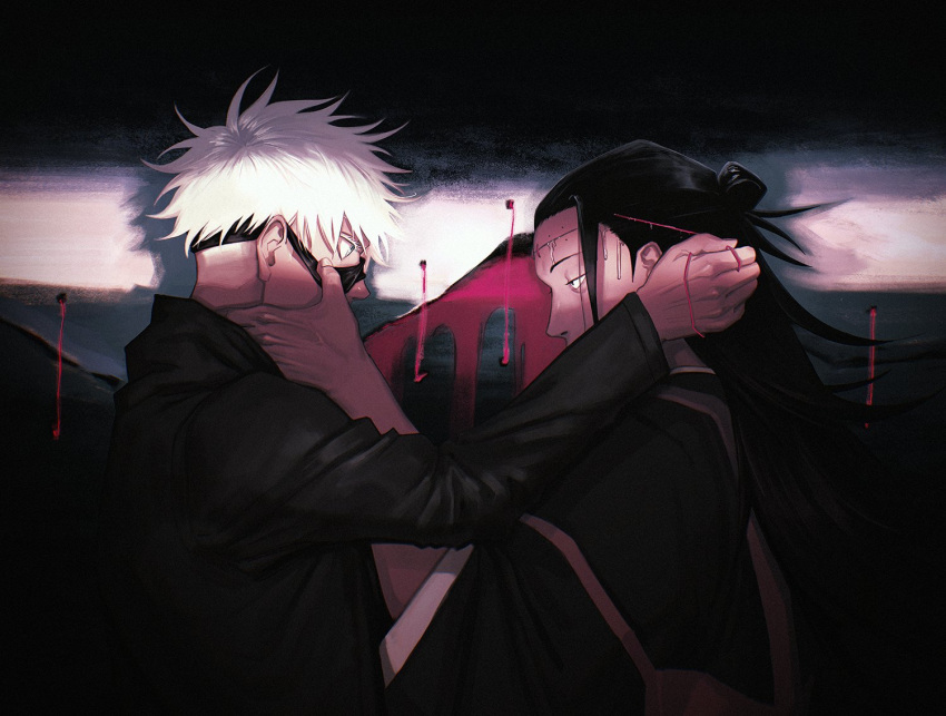 2boys black_eyes black_hair black_jacket blindfold blindfold_removed blue_eyes covered_mouth getou_suguru gojou_satoru hair_bun half-closed_eyes halveablock hand_on_another's_cheek hand_on_another's_face high_collar jacket jujutsu_kaisen long_hair long_sleeves looking_at_another male_focus multiple_boys outstretched_arm polar_opposites pulling short_hair stitches string upper_body white_hair