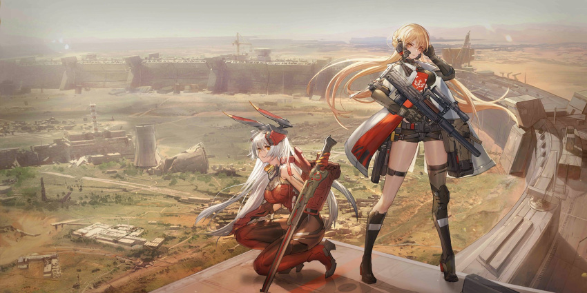 2girls android animal_ears assault_rifle boots building bullpup bunny_ears charolic_(girls'_frontline_2) construction crane_(machine) cyberpunk desert game_cg girls'_frontline girls'_frontline_2:_exilium gun high_heel_boots high_heels highres holding holding_gun holding_sword holding_weapon mechanical_ears multiple_girls nuclear_powerplant official_art ots-12 ots-14_(girls'_frontline) plugsuit post-apocalypse rifle ruins scope sword third-party_source town wall weapon