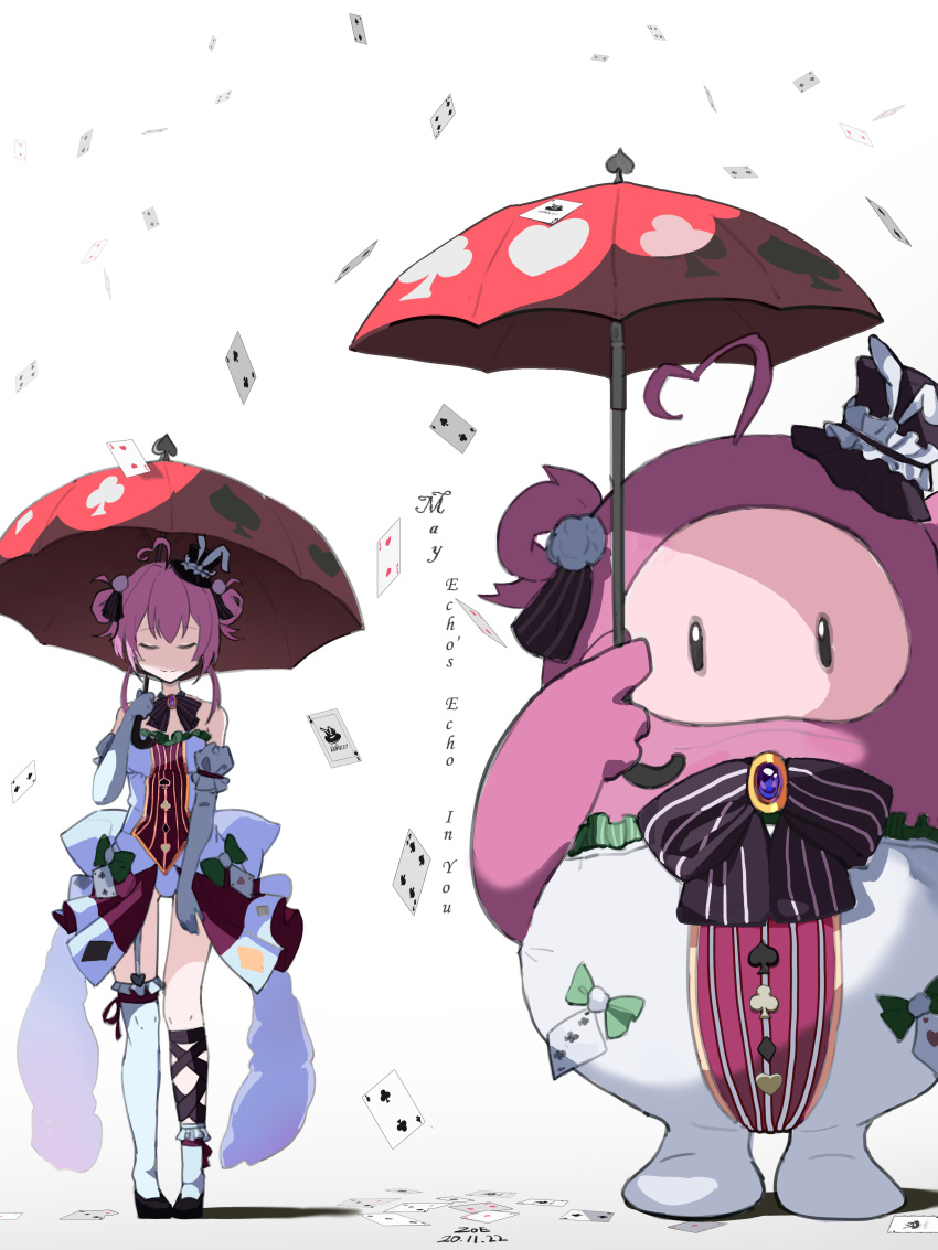 1girl 1other absurdres ahoge black_footwear black_headwear card chinese_commentary closed_eyes cosplay double_bun dress elbow_gloves english_text fall_guy fall_guys gloves hat heart_hair highres holding holding_umbrella hololive hololive_china mini_hat mismatched_legwear parody pink_hair smile spade_echo spade_echo_(cosplay) tonari_no_totoro totoro_bus_stop umbrella virtual_youtuber white_dress white_gloves zoe-zuoyi