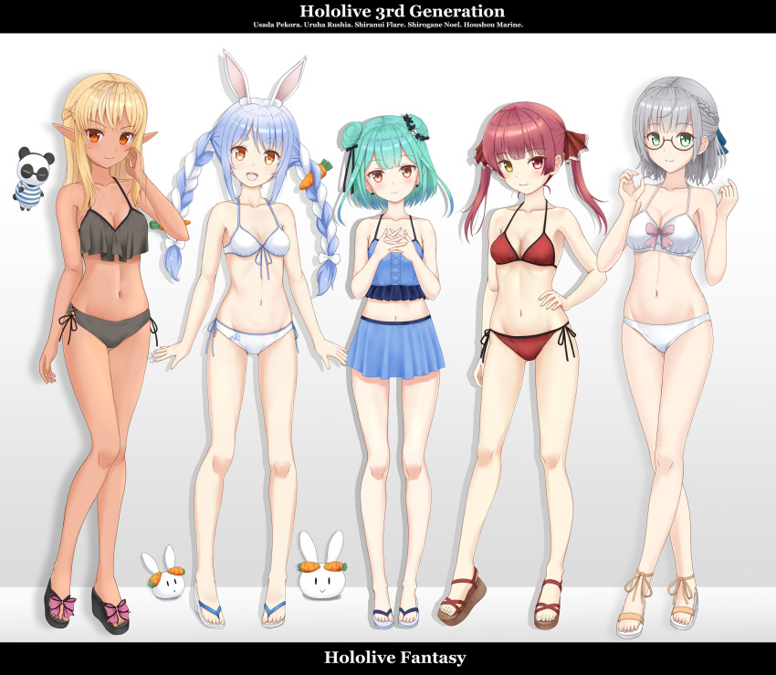 5girls :d animal_ear_fluff animal_ears bangs bare_arms bare_legs bare_shoulders bikini black-framed_eyewear black_bikini black_bow black_footwear blonde_hair blue_bow blue_camisole blue_hair blue_skirt blush bow braid breasts brown_eyes brown_footwear bunny-shaped_pupils bunny_ears camisole carrot_hair_ornament character_name cleavage closed_mouth collarbone commentary_request copyright_name crossed_legs dark-skinned_female dark_skin double_bun drop_shadow earrings eyebrows_visible_through_hair flipper food-themed_hair_ornament front-tie_bikini front-tie_top glasses gradient gradient_background green_eyes green_hair grey_background grey_hair hair_bow hair_ornament hair_ribbon halter_top halterneck hand_on_hip hand_up hands_together heterochromia highres hololive houshou_marine interlocked_fingers jewelry kintsuba_(shiranui_flare) legs letterboxed long_hair looking_at_viewer medium_breasts multicolored_hair multiple_girls navel nousagi_(usada_pekora) open_mouth own_hands_together pink_bow platform_footwear pleated_skirt pointy_ears red_bikini red_eyes red_hair red_ribbon ribbon sandals semi-rimless_eyewear shadow shiranui_flare shirogane_noel short_eyebrows side-tie_bikini skirt skull_hair_ornament small_breasts smile standing streaked_hair string_bikini swimsuit thick_eyebrows twin_braids twintails two-tone_hair under-rim_eyewear upper_teeth uruha_rushia usada_pekora virtual_youtuber white_background white_bikini white_bow white_footwear white_hair yellow_eyes