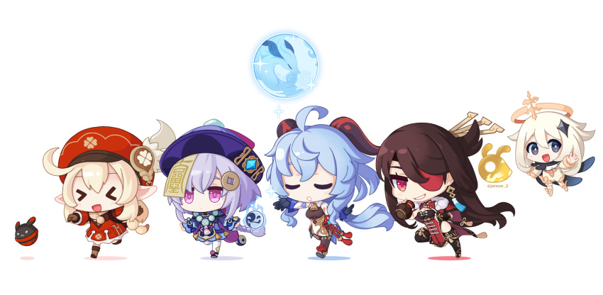 &gt;_&lt; :d absurdly_long_hair ahoge backpack bag bag_charm bangs bead_necklace beads beidou_(genshin_impact) black_bodysuit black_hair black_scarf blue_hair bodysuit boots braid brown_footwear brown_gloves brown_scarf cabbie_hat charm_(object) chibi china_dress chinese_clothes clover_print coat coin_hair_ornament commentary_request detached_sleeves dodoco_(genshin_impact) dress eyebrows_visible_through_hair eyepatch floating full_body ganyu_(genshin_impact) genshin_impact gloves grey_eyes grin hair_between_eyes hair_ornament hairpin hat hat_feather hat_ornament highres horns jewelry jiangshi jumpy_dumpty klee_(genshin_impact) knee_boots kneehighs long_hair long_sleeves low_ponytail low_twintails mechanical_halo necklace ofuda open_mouth orb paimon_(genshin_impact) platinum_blonde_hair pointy_ears purple_eyes purple_hair qing_guanmao qiqi_(genshin_impact) ran_system randoseru red_coat red_eyes red_headwear running scarf seelie_(genshin_impact) sidelocks simple_background single_braid sleepy smile thighhighs twintails very_long_hair white_background white_legwear wide_sleeves xd yin_yang zettai_ryouiki
