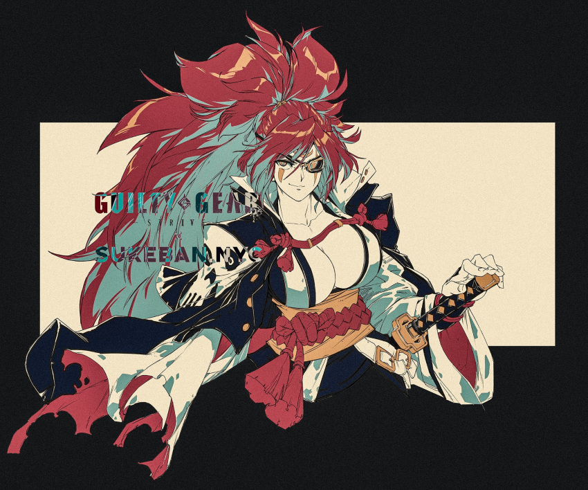 1girl amputee baiken big_hair breasts cleavage david_liu english_commentary eyepatch facial_tattoo guilty_gear guilty_gear_strive hand_on_hilt highres huge_breasts japanese_clothes kataginu katana kimono limited_palette long_hair multicolored multicolored_clothes multicolored_kimono obi one-eyed open_clothes open_kimono ponytail red_hair rope_belt samurai sash scar scar_across_eye sheath sheathed smile solo sword tattoo torn_sleeve upper_body weapon