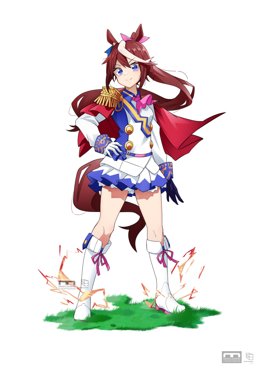 &gt;:) 1girl absurdres animal_ears ascot bangs blue_eyes blue_gloves boots brown_hair closed_mouth commentary_request epaulettes eyebrows_visible_through_hair full_body gloves hair_between_eyes hair_ribbon hand_on_hip high_ponytail highres horse_ears horse_girl horse_tail jacket kaiven knee_boots long_hair long_sleeves looking_at_viewer mismatched_gloves multicolored_hair pink_neckwear pink_ribbon pleated_skirt ponytail ribbon single_epaulette skirt smile solo standing streaked_hair tail tokai_teio_(umamusume) umamusume v-shaped_eyebrows very_long_hair watermark white_background white_footwear white_gloves white_hair white_jacket white_skirt