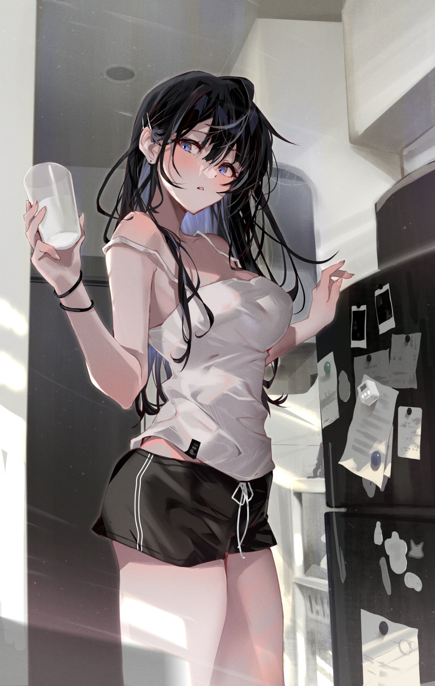 1girl absurdres arutera banned_artist bare_shoulders black_hair blue_eyes blush bracelet cup earrings hair_behind_ear hair_ornament hairclip highres holding holding_cup indoors jewelry long_hair magnet original refrigerator standing strap_slip tank_top thighs white_tank_top