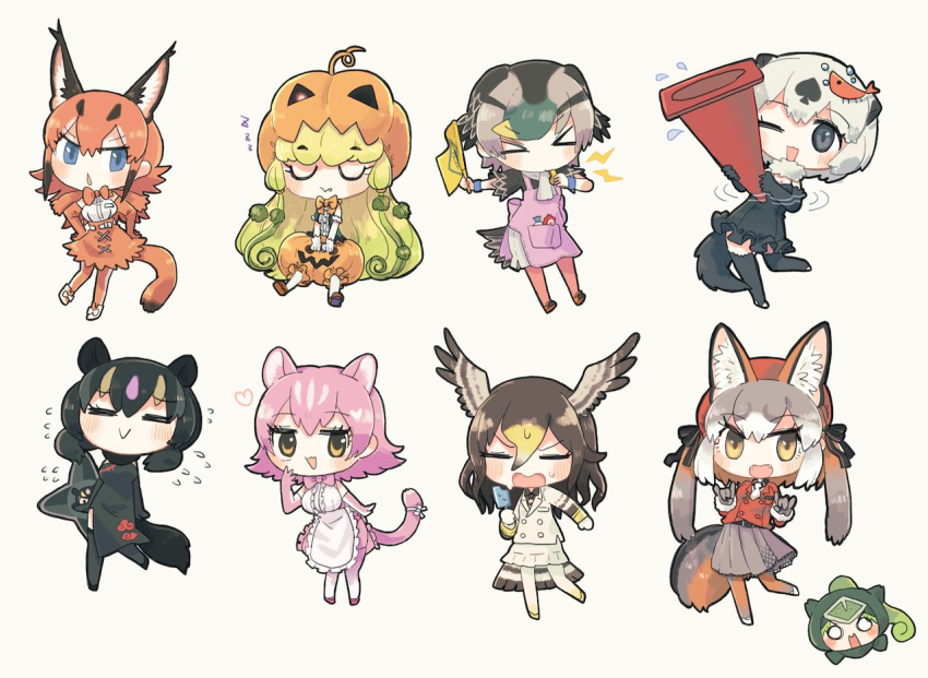 &gt;_&lt; 6+girls animal_ears apron aye-aye_(kemono_friends) bare_shoulders bird_girl bird_tail bird_wings black_dress black_legwear black_swimsuit blonde_hair blue_eyes blush bow bowtie brown_gloves brown_hair brown_legwear brown_skirt californian_sea_otter_(kemono_friends) caracal_(kemono_friends) caracal_ears caracal_girl caracal_tail center_frills china_dress chinese_clothes commentary_request dress duck_girl eating elbow_gloves extra_ears eyebrows_visible_through_hair fangs flag food fox_ears fox_girl fox_tail frilled_swimsuit frills full_body fur_trim gloves green_hair green_shirt grey_gloves grey_hair grey_skirt hair_between_eyes hair_leaf hasu_(zatsugami) head_wings high-waist_skirt island_fox_(kemono_friends) jack-o'-lantern_(kemono_friends) jacket kemono_friends lizard_girl long_hair long_sleeves monkey_ears monkey_girl monkey_tail multicolored multicolored_clothes multicolored_hair multicolored_legwear multiple_girls necktie northern_goshawk_(kemono_friends) official_alternate_costume one-piece_swimsuit one_eye_closed open_mouth orange_hair orange_jacket orange_neckwear otter_ears otter_girl otter_tail oversized_object panther_chameleon_(kemono_friends) panther_ears panther_girl panther_tail pantyhose peach_panther_(kemono_friends) pink_apron pink_gloves pink_hair pink_neckwear pleated_skirt ponytail popsicle pumpkin_hat pumpkin_shorts shirt short_hair shuriken skirt sleeveless spot-billed_duck_(kemono_friends) standing standing_on_one_leg sweatdrop swimsuit tail tail_bow tail_ornament thighhighs traffic_cone twintails virtual_youtuber weapon whistle white_apron white_hair white_jacket white_legwear white_neckwear white_shirt white_skirt wings yellow_eyes yellow_legwear zettai_ryouiki