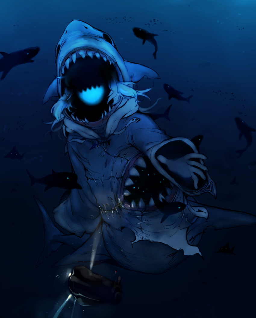 1girl absurdres animal_hood doppel_(bonnypir) fish fish_tail gawr_gura giant giantess glowing_mouth highres hololive hololive_english hood monster monsterification open_mouth sea_monster shaded_face shark shark_girl shark_hood shark_tail sharp_teeth smile solo spotlight submarine tail teeth underwater watercraft