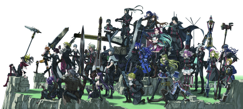 6+boys 6+girls :d armor black_hair black_headwear black_jacket black_pants blonde_hair blue_eyes blue_hair brown_hair character_request cliff closed_mouth floating_hair from_side gradient_hair green_hair grey_hair grin ground_vehicle gun hat highres holding holding_gun holding_sword holding_weapon honjou_raita jacket long_hair md5_mismatch military military_vehicle miniskirt motor_vehicle multicolored_hair multiple_boys multiple_girls official_art old old_man old_woman one_side_up open_mouth pants pink_hair pleated_skirt purple_hair purple_skirt senjou_no_valkyria senjou_no_valkyria_3 simple_background sitting skirt smile sword tank weapon white_background