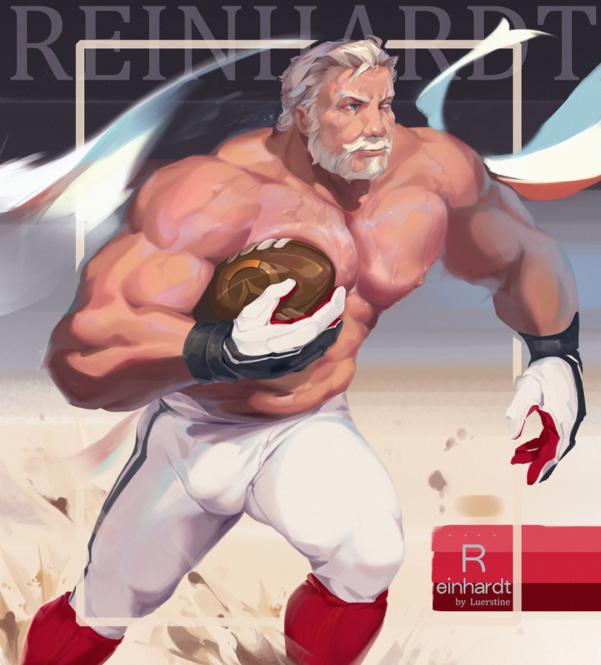 1boy abs ball bara beard bulge facial_hair feet_out_of_frame highres holding holding_ball large_pectorals luerstine male_focus mature_male muscular muscular_male navel nipples old old_man overwatch pants pectoral_press pectorals reinhardt_(overwatch) reward_available rugby rugby_ball rugby_uniform running scar scar_across_eye shirtless short_hair smile solo sportswear stomach sweat tight tight_pants white_hair white_pants