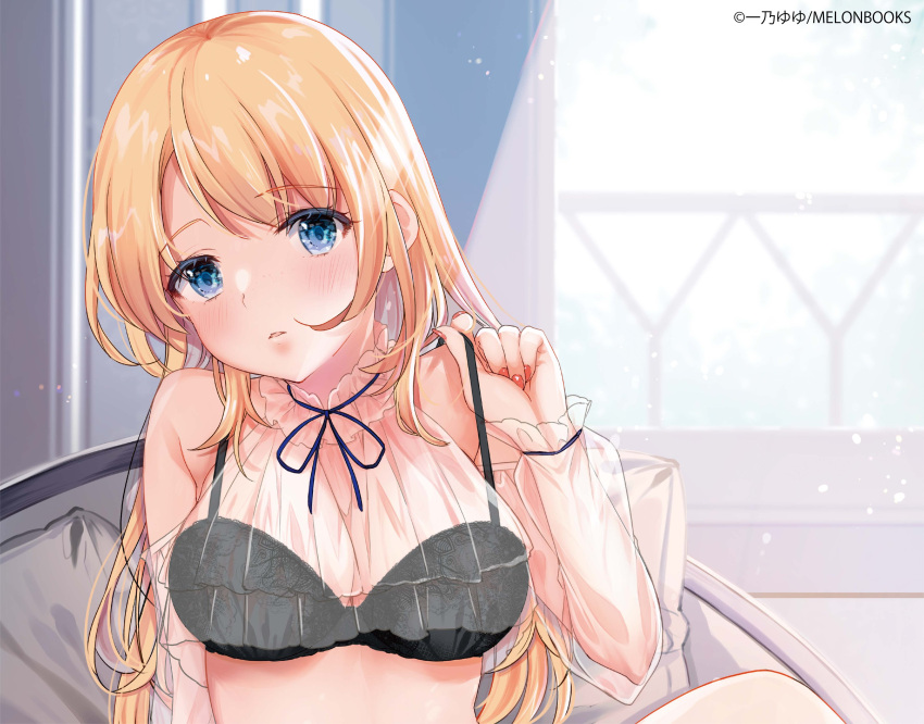 1girl absurdres adjusting_clothes bangs bare_shoulders black_bra blonde_hair blue_eyes blush bra breasts cleavage hand_up head_tilt highres indoors long_hair looking_at_viewer melonbooks original parted_lips see-through sitting small_breasts solo underwear yu_yu