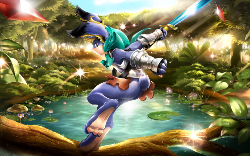 1boy ancesra animal_ear_fluff animal_ears animal_nose aqua_capelet armor arms_up ass bare_shoulders black_gloves blonde_hair blue_sky body_fur breastplate bunny_ears bunny_tail bush capelet clenched_hands cloud commentary_request cornelius_(odin_sphere) day english_commentary faulds feet fingerless_gloves flower from_side furry gloves grey_eyes highres holding holding_sword holding_weapon hood hooded_capelet leg_up light_particles light_rays light_trail lily_pad lotus male_focus mixed-language_commentary odin_sphere outdoors outstretched_arms partial_commentary paws pink_flower pond pooka_(odin_sphere) rabbit_boy ruby_(gemstone) shiny short_hair sky snout soles solo sparkle standing standing_on_one_leg sunlight sword tail tree two-tone_fur v-shaped_eyebrows vambraces water weapon