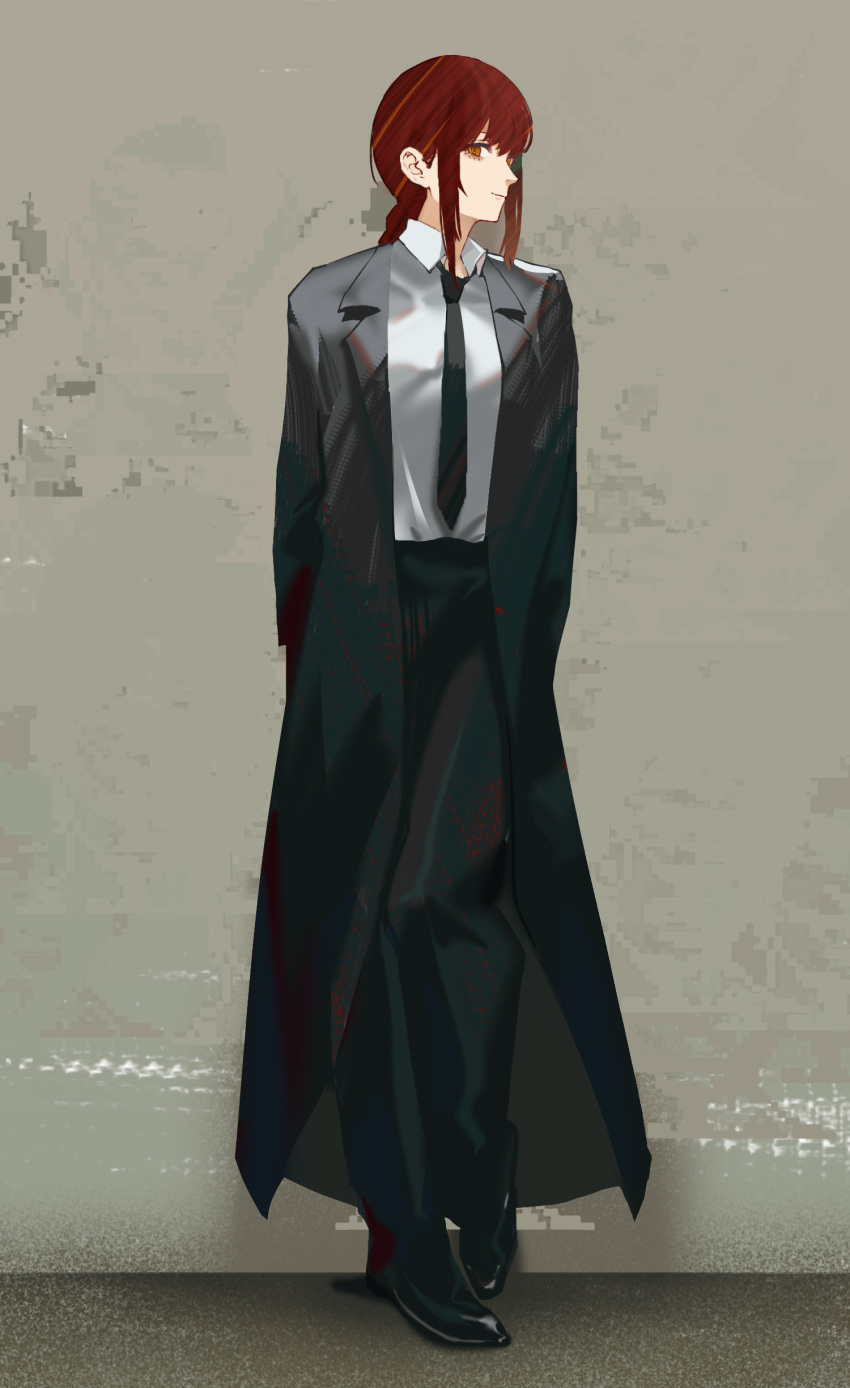 1girl absurdres bangs black_coat black_footwear black_neckwear black_pants braid braided_ponytail breasts business_suit chainsaw_man coat collared_shirt formal full_body highres long_coat long_hair long_sleeves looking_at_viewer makima_(chainsaw_man) medium_breasts medium_hair necktie office_lady pants red_hair ringed_eyes rocher-hd shirt sidelocks smile solo standing suit white_shirt yellow_eyes