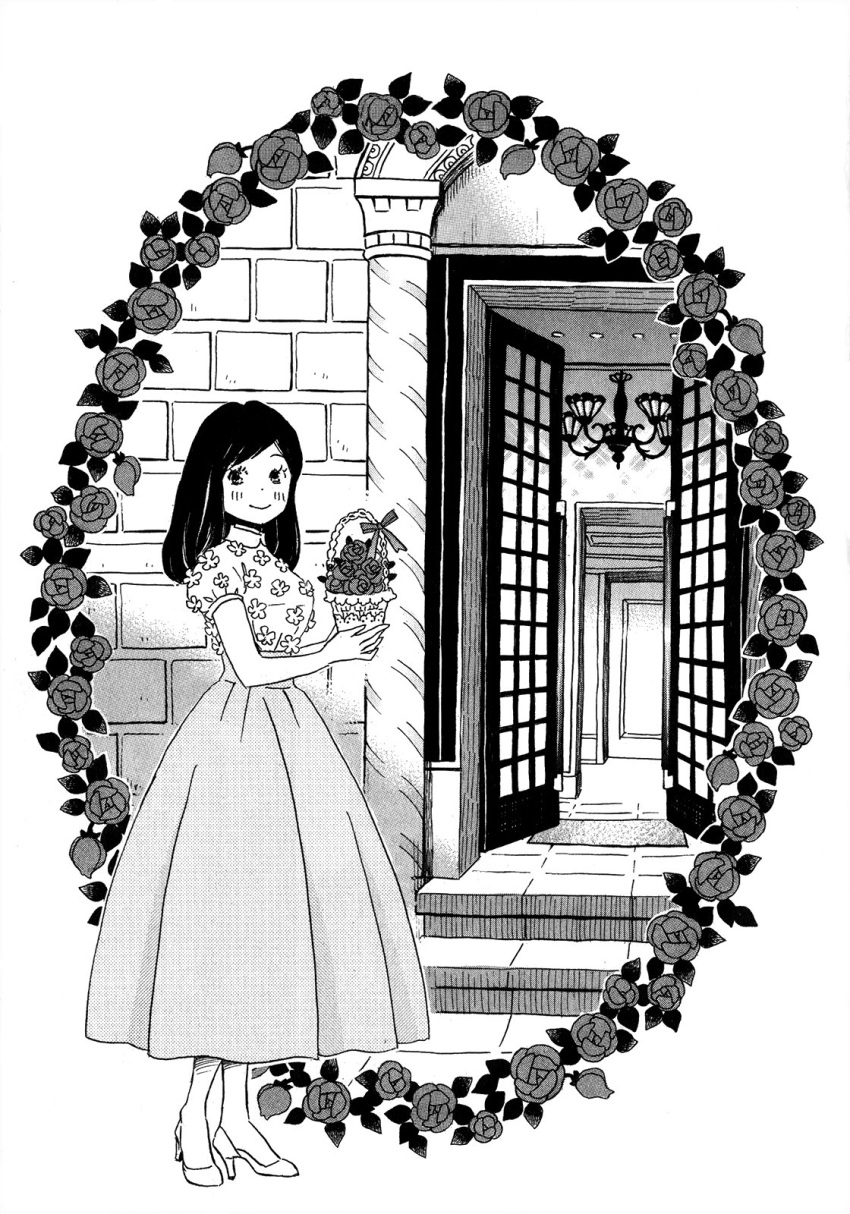 1girl basket black_eyes black_hair border brick_wall building chandelier closed_mouth collared_shirt door doormat dot_nose eyelashes facing_viewer floral_print flower flower_border full_body greyscale hair_down hallway hands_up high-waist_skirt high_heels highres holding holding_basket kawamoto_akari leaf light_blush long_hair long_skirt monochrome open_door outline pillar puffy_short_sleeves puffy_sleeves ribbon rose sangatsu_no_lion shirt short_sleeves sideways_glance simple_background skirt smile solo standing tile_floor tiles umino_chika wall white_background white_outline