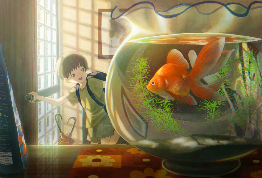 1boy backpack bag bangs brown_hair door fish fishbowl goldfish green_shirt grey_shorts indoors open_mouth original randoseru refraction sasakure_(mogunonbi) shadow shirt short_hair short_sleeves shorts smile solo