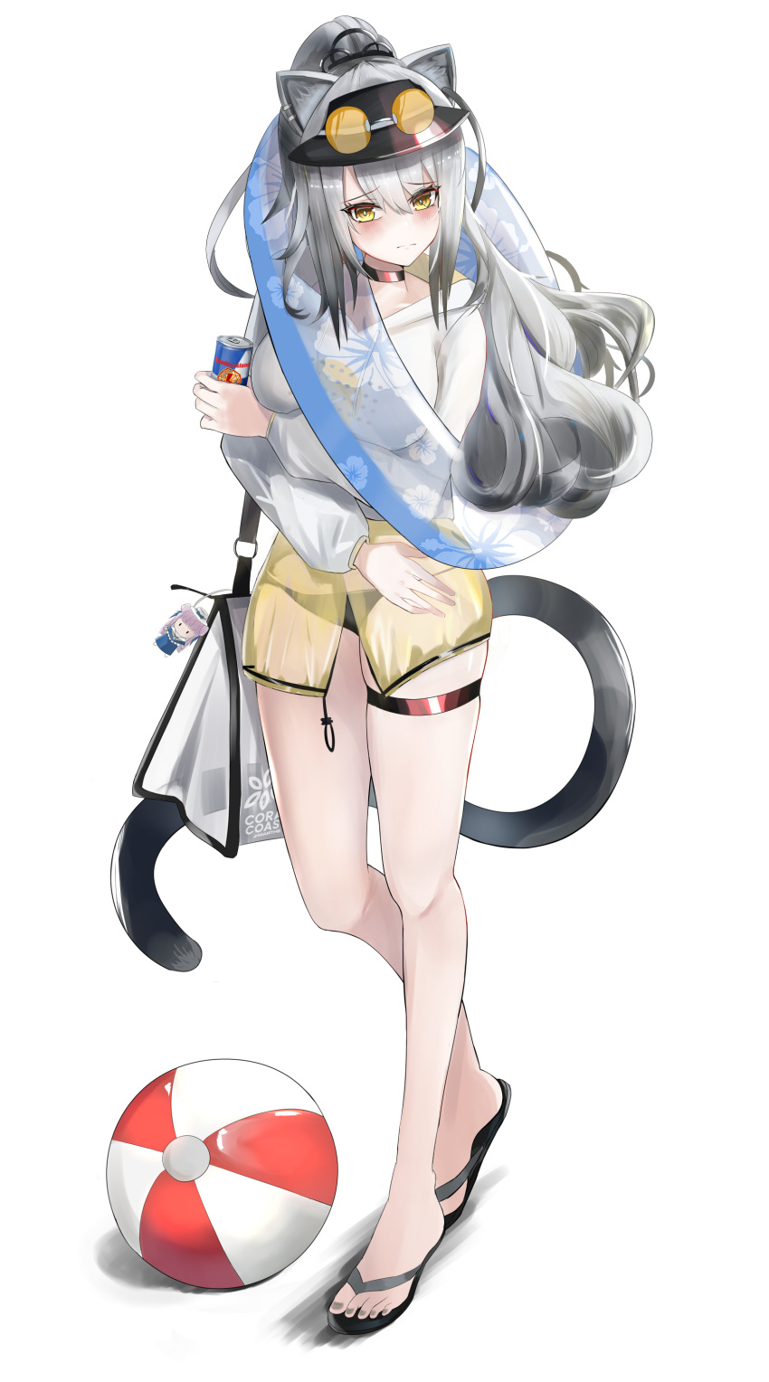 1girl absurdres alternate_costume animal_ears arknights arm_under_breasts bag ball beachball bikini bikini_bottom black_bikini black_choker black_footwear black_headwear blush brand_name_imitation breasts cameo can cat_ears cat_girl cat_tail ceylon_(arknights) choker commentary depayama_(depaty) ear_piercing eyewear_on_head full_body grey_hair grey_sweater highres holding holding_can keychain large_breasts long_hair looking_at_viewer piercing ponytail red_bull sandals schwarz_(arknights) shoulder_bag simple_background solo sunglasses sweater swimsuit tail thigh_strap white_background yellow_eyes