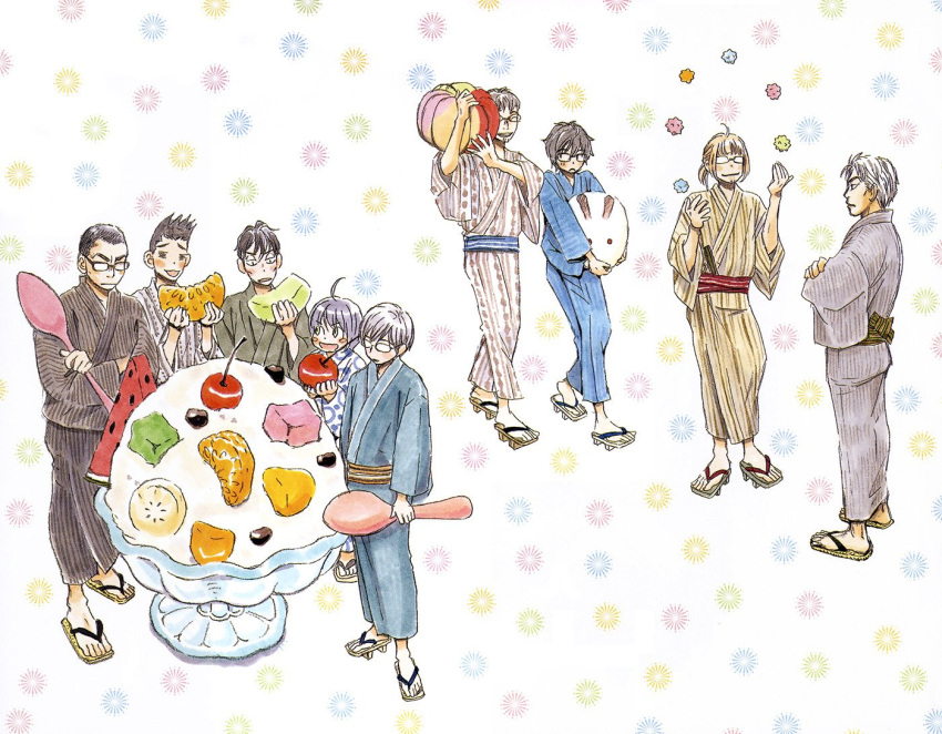 6+boys ahoge arms_at_sides banana bangs beard black_hair black_kimono blonde_hair blue_kimono blue_sash blush_stickers brown_kimono brown_sash carrying_over_shoulder cheekbones cherry crossed_arms cup dot_nose eyebrows_visible_through_hair facial_hair food fruit geta glasses gotou_masamune green_sash grey_kimono hands_up hayashida_takahashi holding holding_spoon ice_cream japanese_clothes kimono kiriyama_rei kumakura_kengo laughing looking_at_another male_focus mandarin_orange matsumoto_issa melon misumi_tatsuyuki multicolored multicolored_background multiple_boys nikaidou_harunobu obi open_mouth oversized_food oversized_object polka_dot polka_dot_kimono ponytail pumpkin red_sash sandals sangatsu_no_lion sash serious shimada_kai_(sangatsu_no_lion) short_ponytail simple_background smile souya_touji sparkle sparkle_background spiked_hair spoon standing striped striped_kimono striped_sash thick_eyelashes tsurime umino_chika v-shaped_eyebrows walking watermelon white_background white_kimono wide_shot yellow_kimono yukata