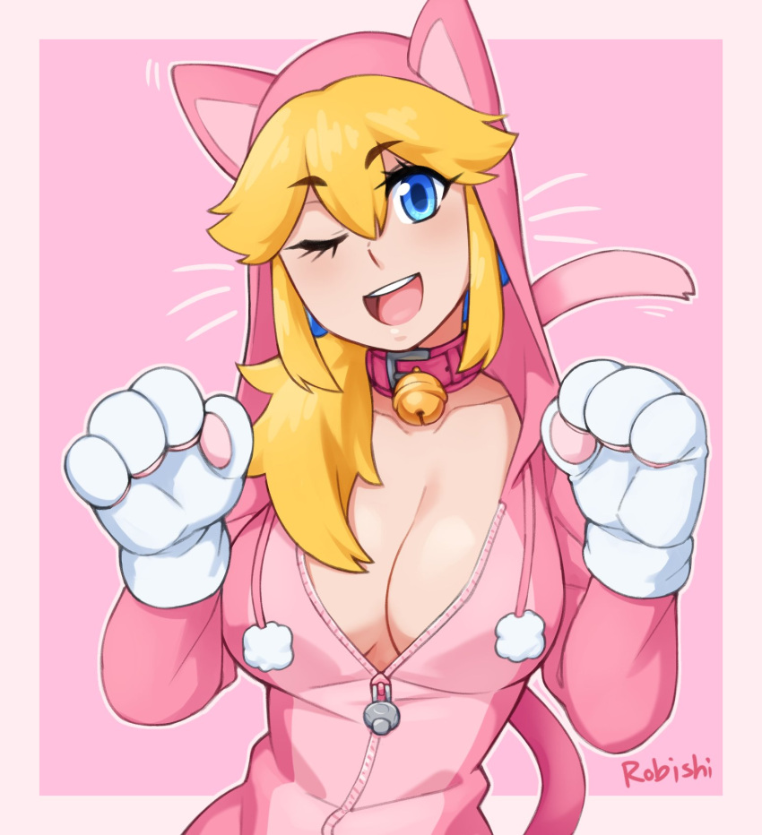 1girl :d animal_costume animal_ears artist_name bell blonde_hair blue_eyes blush breasts cat_costume cat_ears cat_tail collar eyebrows_visible_through_hair gloves highres jewelry large_breasts long_hair looking_at_viewer mario_(series) neck_bell one_eye_closed open_mouth princess_peach rob_ishi smile solo tail white_gloves