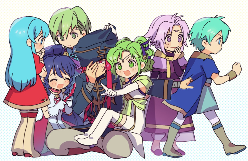 3girls 4boys :d aqua_hair bangs blue_hair blush boots bracelet braid circlet eirika_(fire_emblem) elbow_gloves ephraim_(fire_emblem) fire_emblem fire_emblem:_the_sacred_stones fire_emblem_heroes gloves green_eyes green_hair hair_between_eyes hand_on_own_face hat innes_(fire_emblem) jewelry joshua_(fire_emblem) kurimori l'arachel_(fire_emblem) long_hair lyon_(fire_emblem) multiple_boys multiple_girls open_mouth pointing pulled_by_another pulling purple_eyes purple_hair red_eyes red_hair short_hair sitting sitting_on_lap sitting_on_person smile tana_(fire_emblem) thigh_boots thighhighs twin_braids younger