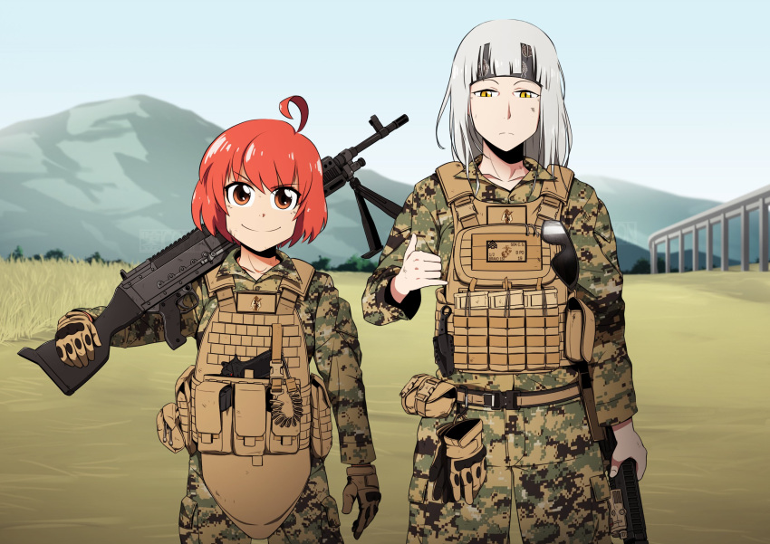 ahoge bandana camouflage gloves gun highres holding holding_weapon light_machine_gun load_bearing_vest long_hair m249 machine_gun military military_operator military_uniform mountain mrxinom multiple_girls original red_hair short_hair silver_hair sunglasses uniform weapon