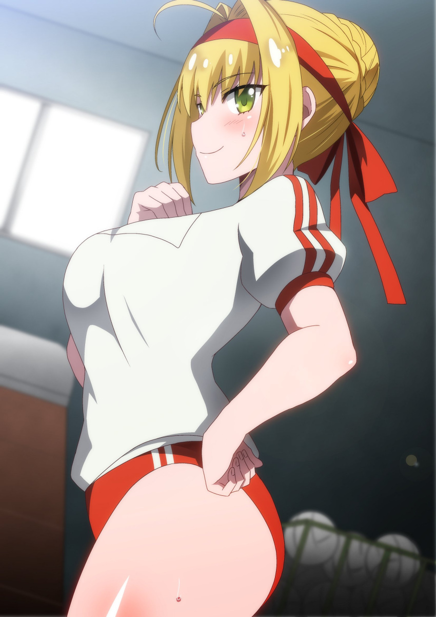 1girl bangs blush braid breasts buruma fate/extra fate/grand_order fate_(series) french_braid gym_shirt gym_uniform hair_intakes hara_(harayutaka) headband highres large_breasts long_hair looking_at_viewer name_tag nero_claudius_(fate) nero_claudius_(fate)_(all) olympian_bloomers red_buruma red_headband shirt smile solo