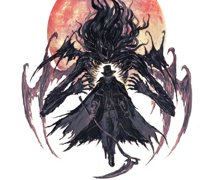 1boy 1other bloodborne eldritch_abomination from_software gehrman_the_first_hunter highres moon_presence old old_man peg_leg scythe shimhaq tentacle_hair tentacles wings