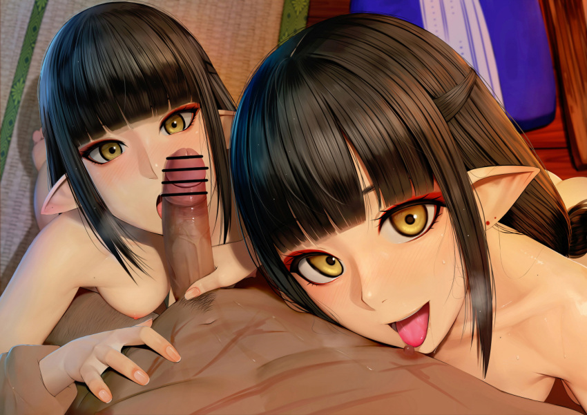 1boy 2girls bangs bar_censor black_hair blunt_bangs blush breasts censored eyeliner fewer_digits ffm_threesome group_sex handjob hetero hinoa jellytits-7 licking long_hair looking_at_viewer makeup medium_breasts minoto monster_hunter_(series) monster_hunter_rise multiple_girls nipple_licking nipples nude open_mouth penis pointy_ears shimaidon_(sex) siblings sisters smile threesome tongue tongue_out twins yellow_eyes