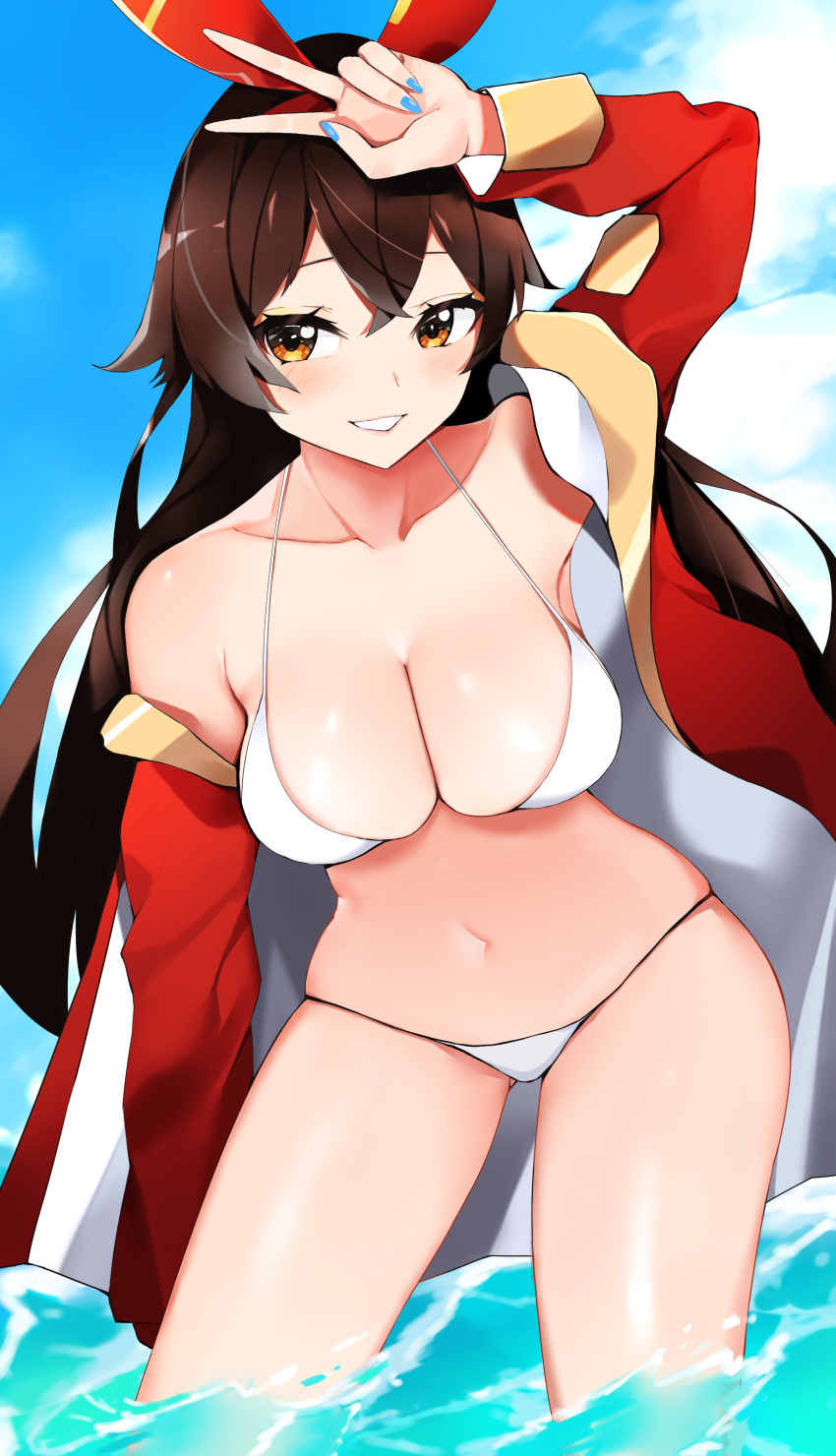 1girl :d absurdres amber_(genshin_impact) bangs bare_shoulders bikini blue_nails blue_sky blush breasts brown_hair cleavage cloud collarbone contrapposto day genshin_impact grin hair_ribbon hand_on_forehead highres jacket large_breasts leaning_forward long_sleeves looking_at_viewer mutsu_ane_daisuki nail_polish navel off_shoulder open_clothes open_jacket open_mouth orange_eyes outdoors red_jacket red_ribbon ribbon sky smile solo stomach swimsuit v wading water white_bikini