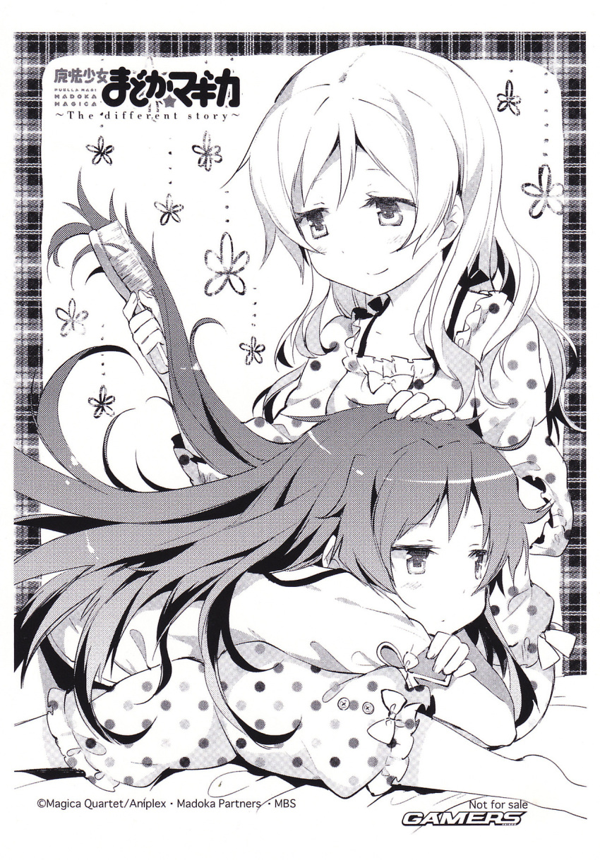 2girls aniplex barefoot border bow brush brushing_another's_hair buttons clothing_cutout collarbone commentary copyright_name crossed_arms dot_nose english_commentary expressionless eyebrows_visible_through_hair facing_viewer fingernails floral_background frills greyscale hair_brush hair_brushing hair_down half-closed_eyes hand_on_another's_head hand_up hanokage head_rest highres holding holding_brush knees_together_feet_apart lap_pillow light_blush long_hair long_sleeves looking_afar looking_down lying mahou_shoujo_madoka_magica messy_hair monochrome multiple_girls non-web_source official_art on_bed on_stomach pajamas parted_lips plaid plaid_border polka_dot polka_dot_pajamas puffy_short_sleeves puffy_sleeves sakura_kyouko short_sleeves simple_background sitting smile straight_hair tomoe_mami wavy_hair white_background