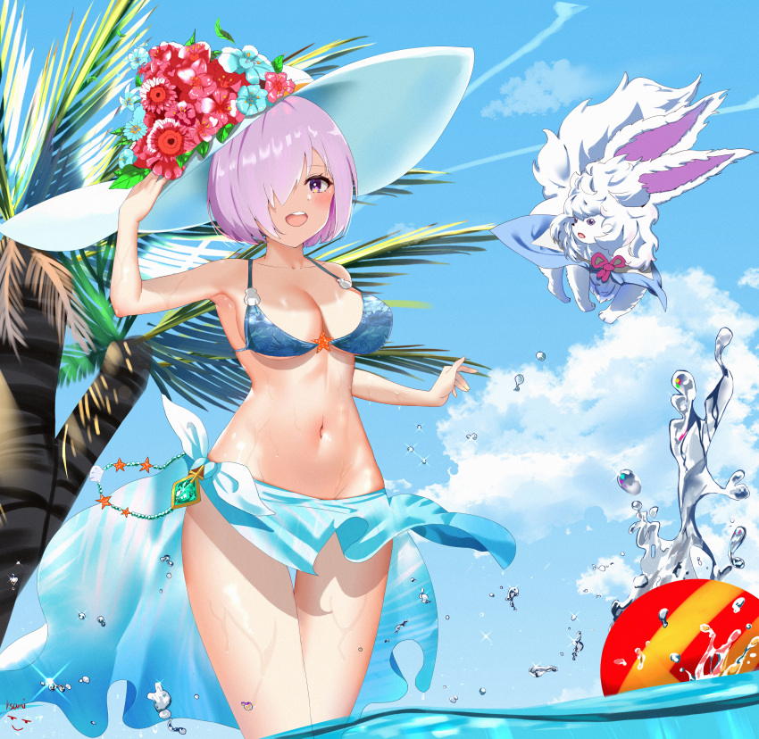 1girl 1other absurdres alternate_costume artist_name ball bare_shoulders beach beachball bikini bikini_top blue_bikini blue_flower blue_sarong blush breasts cleavage cloud collarbone commentary_request creature day eyebrows_visible_through_hair fate/grand_order fate_(series) flower flower_hat fou_(fate) hair_over_one_eye hand_on_headwear hat highres huge_filesize in_water jewelry ksami large_breasts looking_at_viewer mash_kyrielight navel open_mouth outdoors palm_tree pink_hair purple_eyes red_flower sarong short_hair signature sky smile stomach sun_hat swimsuit tree water wet white_headwear