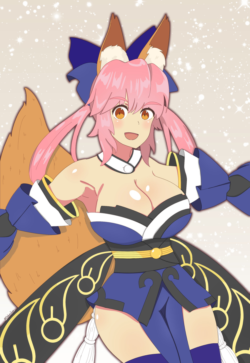 1girl absurdres animal_ear_fluff animal_ears artist_request bare_shoulders blue_kimono blue_legwear blue_ribbon blush breasts detached_sleeves eyebrows_visible_through_hair fate/extella fate/extra fate/extra_ccc fate/grand_order fate_(series) fox_ears fox_girl fox_tail hair_ribbon highres japanese_clothes kimono large_breasts looking_at_viewer open_mouth pink_hair ribbon solo tail tamamo_(fate)_(all) tamamo_no_mae_(fate) yellow_eyes