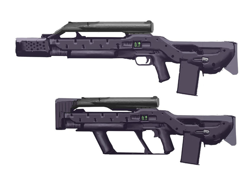 assault_rifle asterozoa bullpup english_commentary gun magazine_(weapon) no_humans original rifle science_fiction starship_troopers trigger weapon weapon_sheet white_background