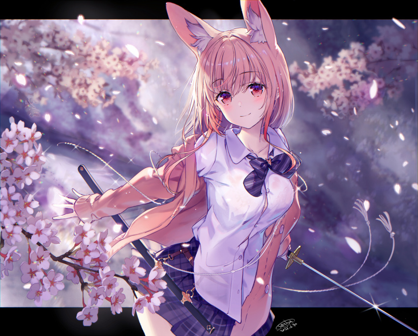 1girl animal_ear_fluff animal_ears bangs blurry blurry_background blush bow bowtie cardigan cherry_blossoms closed_mouth collared_shirt commentary_request dated dress_shirt eyebrows_visible_through_hair fox_ears hair_between_eyes highres holding holding_sword holding_weapon katana letterboxed long_hair long_sleeves looking_at_viewer open_cardigan open_clothes original outside_border petals plaid plaid_skirt purple_bow purple_neckwear purple_skirt sanbasou school_uniform sheath shirt signature skirt smile solo striped striped_bow striped_neckwear sword weapon white_shirt