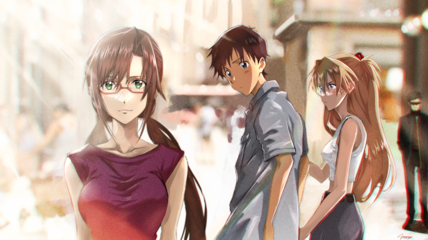 2boys 2girls anger_vein angry artist_name bangs black_skirt blue_eyes blurry blurry_background breasts brown_hair closed_mouth collared_shirt commentary day depth_of_field distracted_boyfriend_(meme) dress father_and_son frown glasses green_eyes grey_shirt hair_ribbon highres ikari_gendou ikari_shinji interface_headset large_breasts long_hair looking_at_another looking_back low_twintails makinami_mari_illustrious midriff multiple_boys multiple_girls neon_genesis_evangelion orange_hair outdoors purple_dress rebuild_of_evangelion red-framed_eyewear red_ribbon ribbon shirt short_hair short_sleeves signature skirt sleeveless sleeveless_dress sleeveless_shirt smile souryuu_asuka_langley standing sunlight twintails two_side_up verse white_shirt