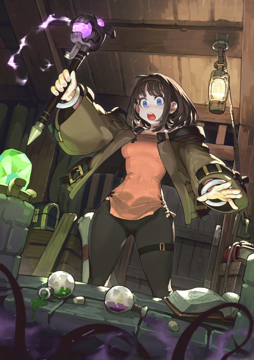 1girl blue_eyes book brown_hair commentary cork crystal door flask glowing headband highres holding holding_wand indoors jacket jun_(seojh1029) lamp liquid medium_hair open_mouth original pants scroll sidelocks smoke solo spill thigh_strap tight tight_pants treasure_chest wand