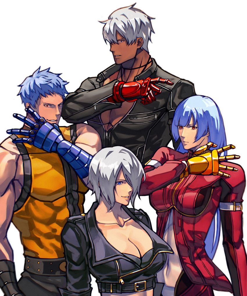 2boys 2girls angel_(kof) bangs blue_eyes blue_gloves blue_hair blunt_bangs bra breasts cleavage cropped_jacket gloves hair_over_one_eye highres jacket k' k9999 kula_diamond large_breasts leather leather_jacket long_hair looking_at_viewer multiple_boys multiple_girls red_eyes red_gloves short_hair snk standing strapless strapless_bra syachiiro the_king_of_fighters the_king_of_fighters_2001 underwear white_background yellow_gloves