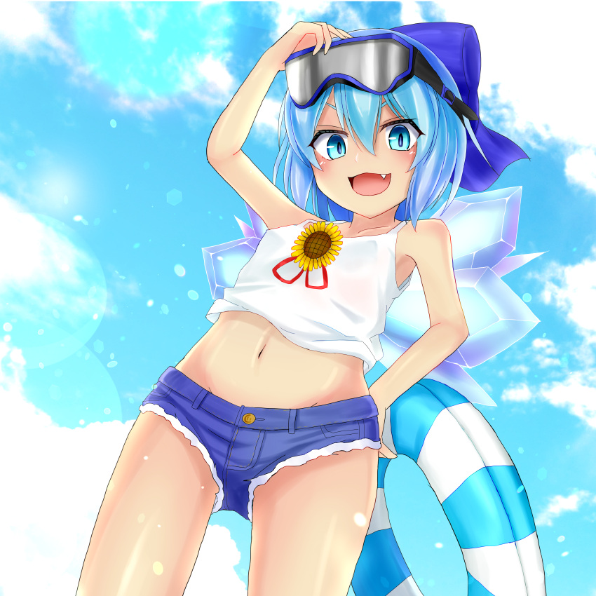 1girl :d absurdres alternate_costume bangs blue_bow blue_eyes blue_hair blue_shorts blue_sky bow breasts buoy cirno cloud denim denim_shorts eyewear_on_head fang flower from_below hair_bow highres ice ice_wings jemen light_particles looking_at_viewer navel open_mouth outdoors short_hair shorts sky small_breasts smile solo standing sunflower tank_top tanned_cirno touhou white_tank_top wings