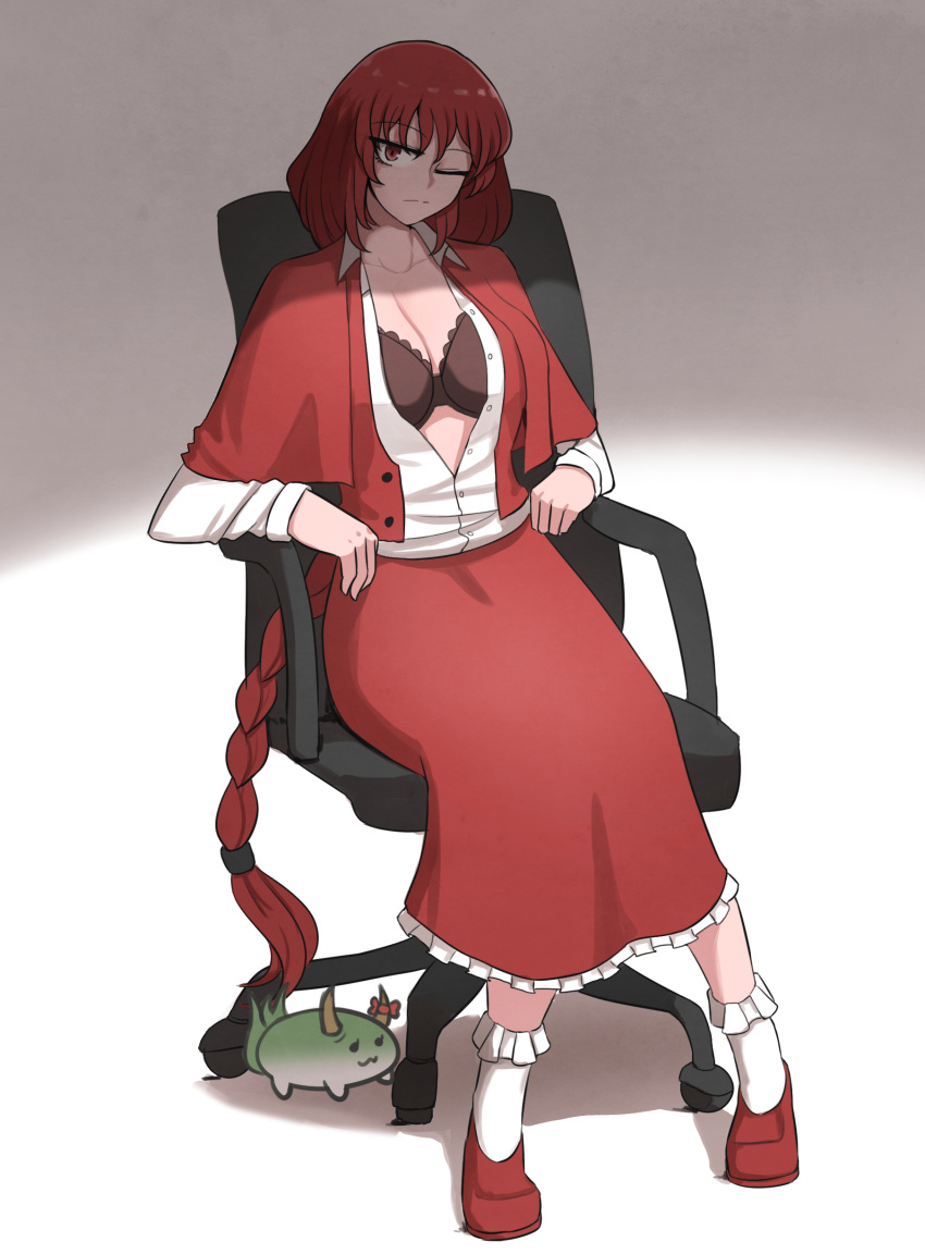 absurdres bra breasts capelet chair collared_shirt frilled_skirt frills highres horn_ornament horns kamishirasawa_keine_(hakutaku) large_breasts long_braid long_hair looking_at_viewer mata_(matasoup) office_chair okazaki_yumemi one_eye_closed open_clothes red_capelet red_eyes red_footwear red_skirt red_vest shadow shirt sitting skirt sukusuku_hakutaku touhou touhou_(pc-98) underwear vest white_shirt