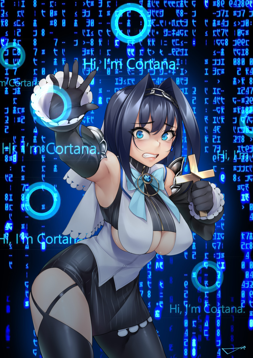 1girl absurdres backwards_text bangs black_gloves blue_eyes blue_hair bow bow_earrings breasts chain cleavage clothing_cutout cortana cross detached_sleeves digital_rain earrings english_text eyebrows_visible_through_hair gloves hair_intakes highres ho2nium hololive hololive_english jewelry looking_at_viewer meme ouro_kronii photo-referenced scared short_hair skirt underboob virtual_youtuber windows_10